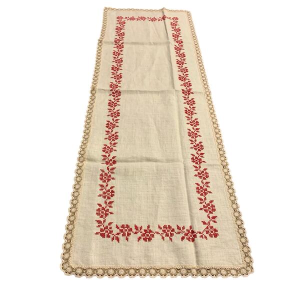 Linen Cross Stitch Table Top Runner Vintage Red Tan Cottage Granny Core - Picture 1 of 6
